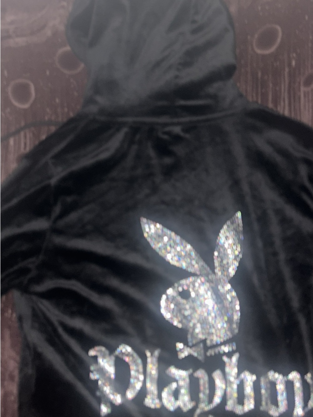PLAYBOY Black Velvet Hoodie with Silver Sequin Bunny